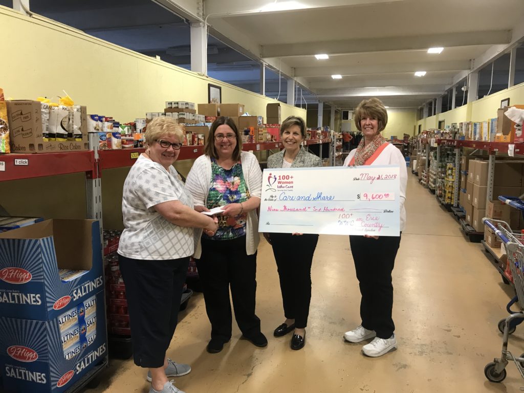 Presenting Check to Care and Share - ( l to r) Linda Miller - Care and Share, Linda Ziegler -100 WWC, Norma Wible - presenter of this charity and Martha Miller - 100 WWC.